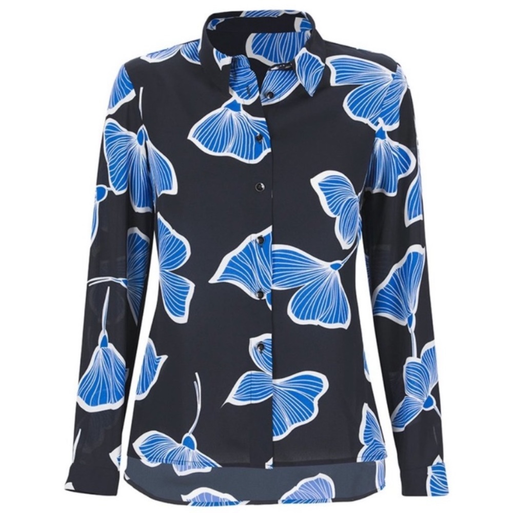 CAbi Black Blouse with Blue and White Floral Print